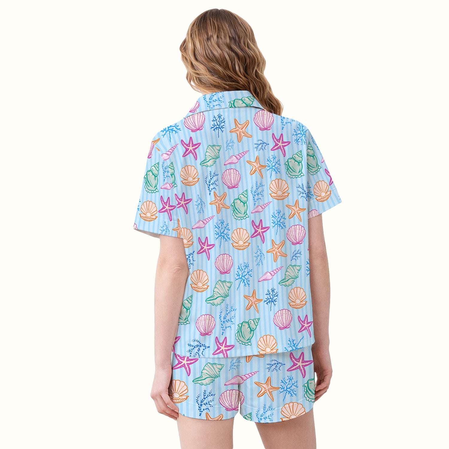Colorful Seashell Starfish Ocean Stripe Pattern Pajama Set, Breathable Fabrics Uniform