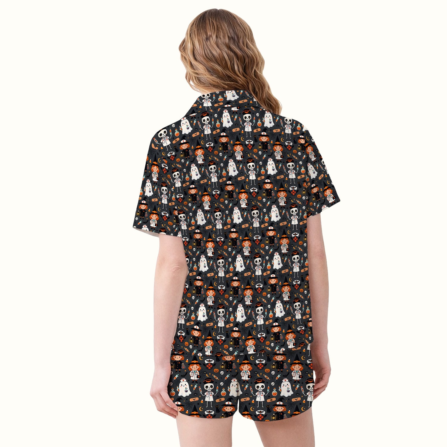 Halloween Witch And Skeleton Nurse Pajama Set, Soft Breathable Fabric Comfortable Sleepwear