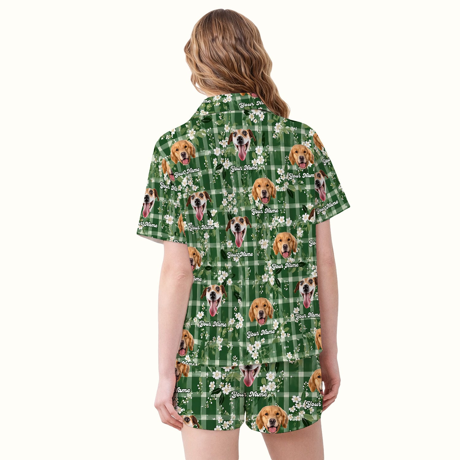 Custom Dog Face Pajama Set, Dog Green Plaid Floral Pattern, Soft Breathable Fabric Comfortable Sleepwear