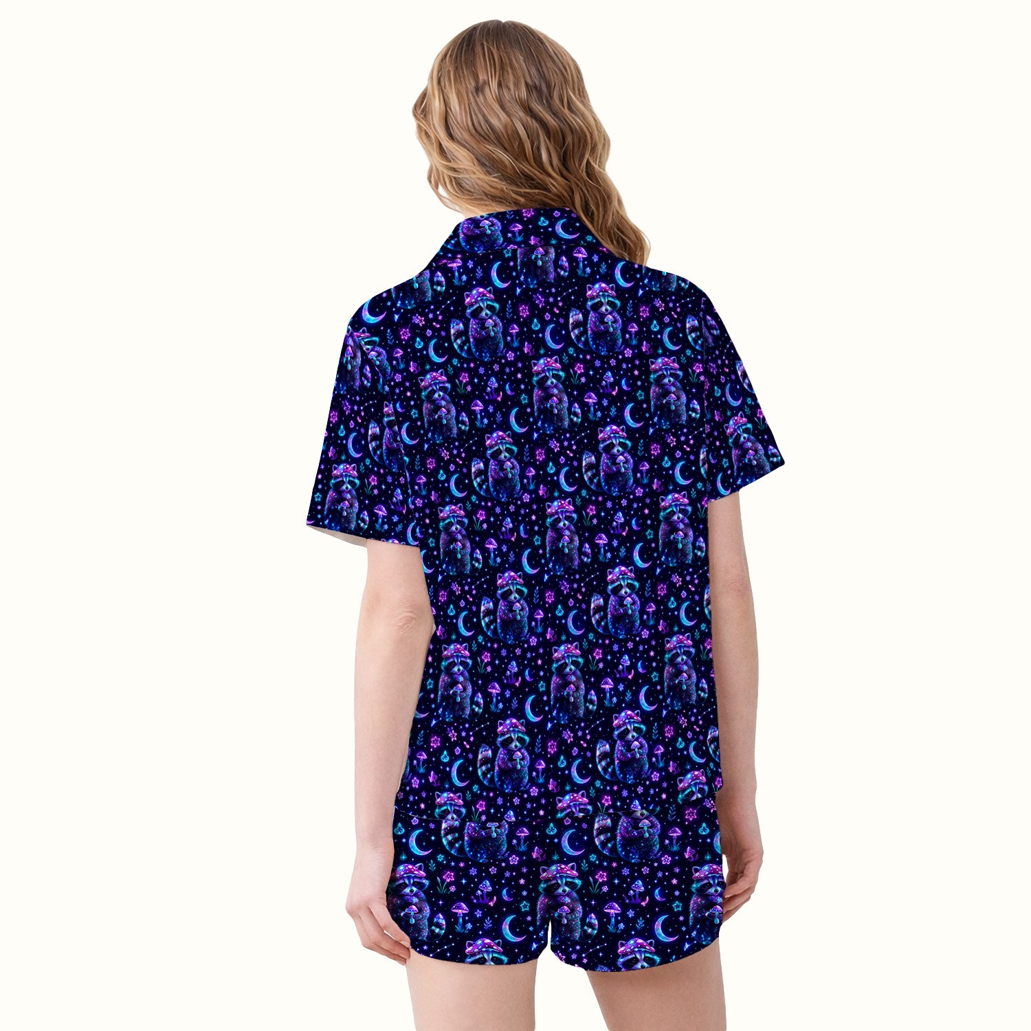Neon Mushroom Raccoon Moonlight Pattern Pajama Set, Soft Breathable Fabric Comfortable Sleepwear