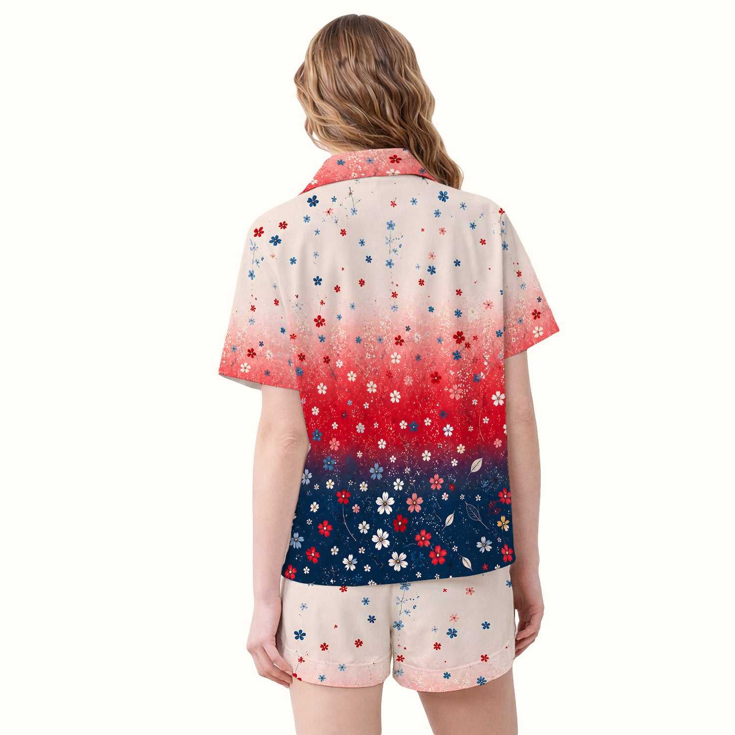 Patriotic Red White Blue Floral Ombre Print Pajama Set, Soft Breathable Fabric Comfortable Sleepwear