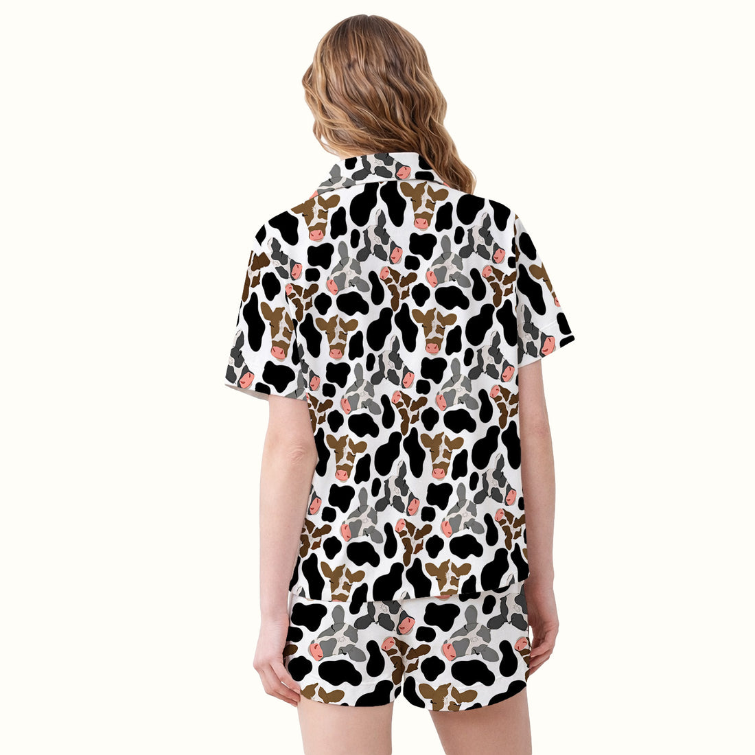 Cute Cow Face Black White Pattern Nurse Pajama Set, Soft Breathable Fabric Comfortable Sleepwear