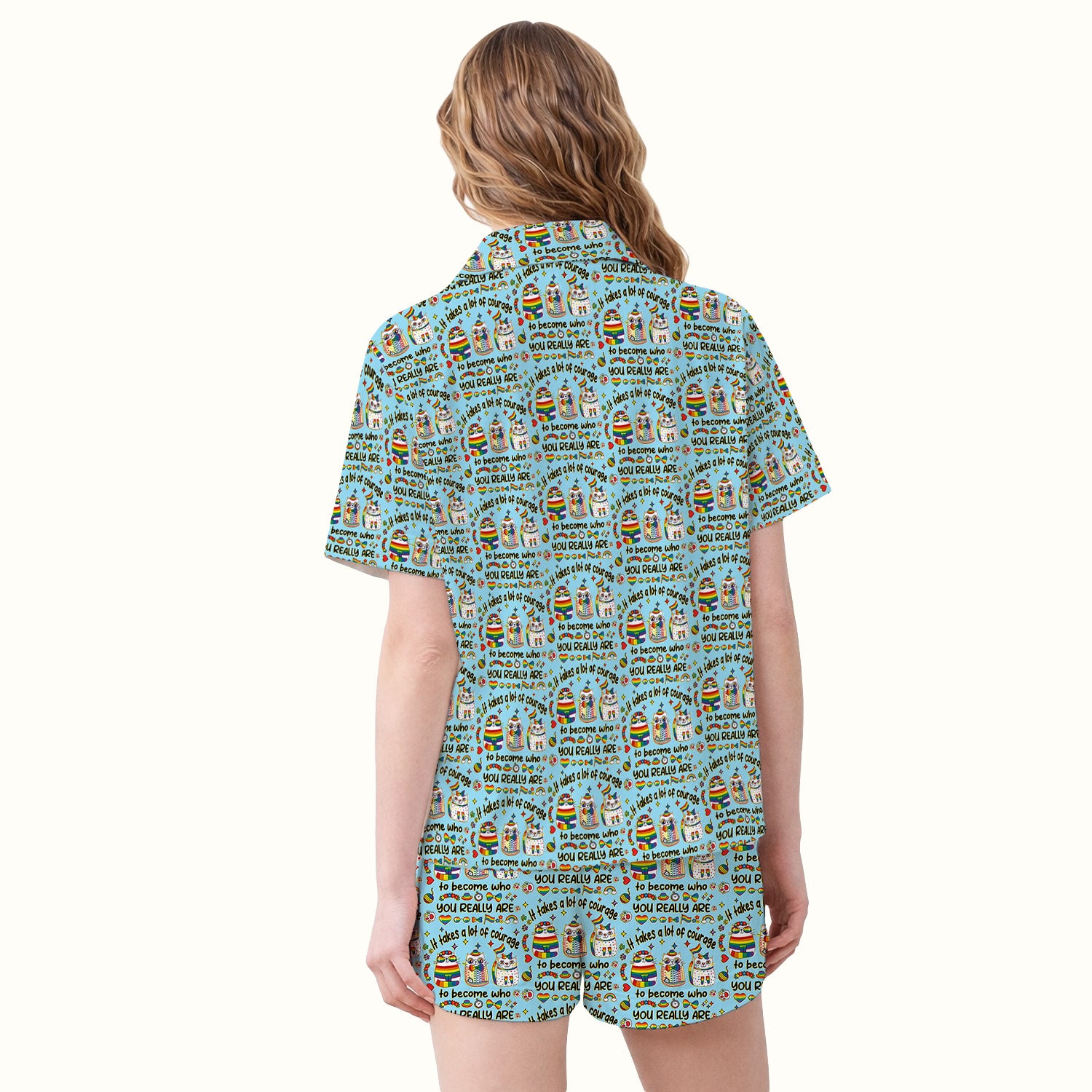Inspirational Nurse Rainbow Cat Courage Quote Pattern Pajama Set, Breathable Fabrics Uniform