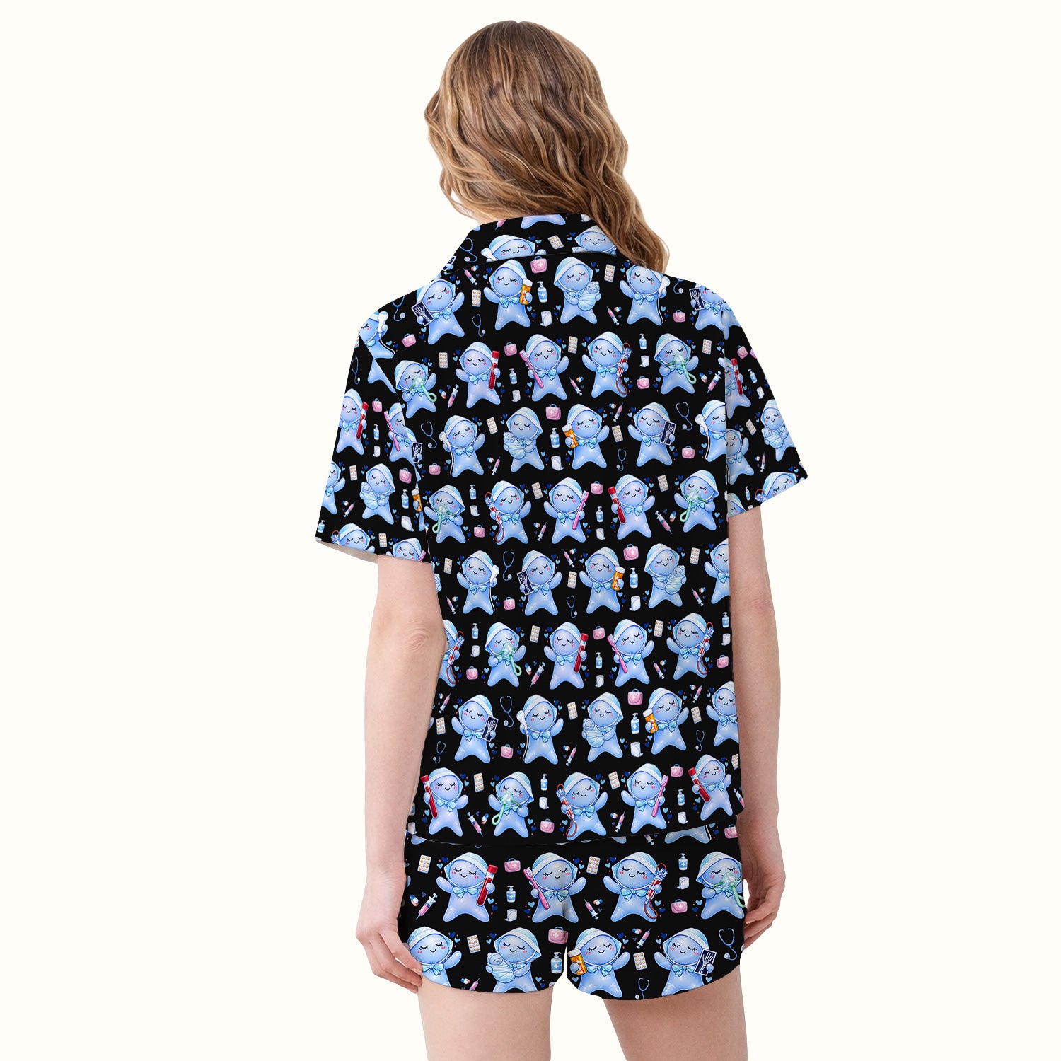 Cute Tooth Character Dental Tools Caring Pattern Pajama Set, Breathable Fabrics Uniform