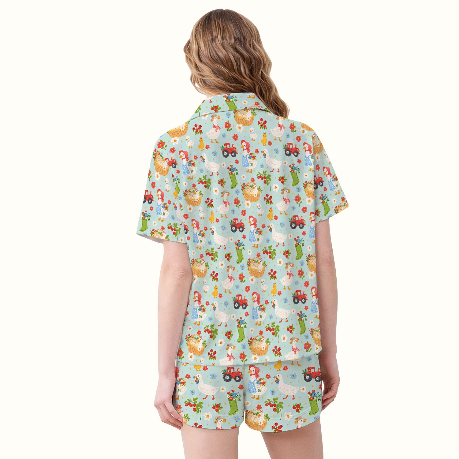 Farm Duck Chicken Tractor Flower Basket Pajama Set, Breathable Fabrics Uniform