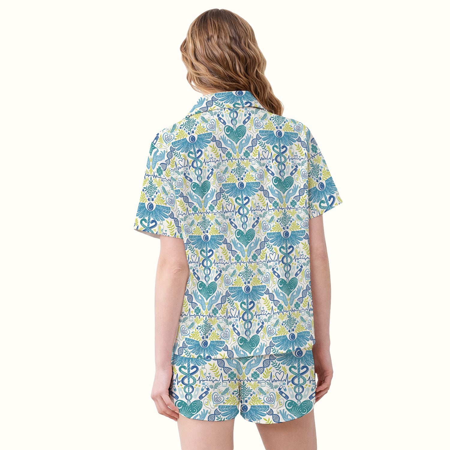 Inspirational Botanical Medical Caduceus Heart Nurse Pattern Pajama Set, Breathable Fabrics Uniform