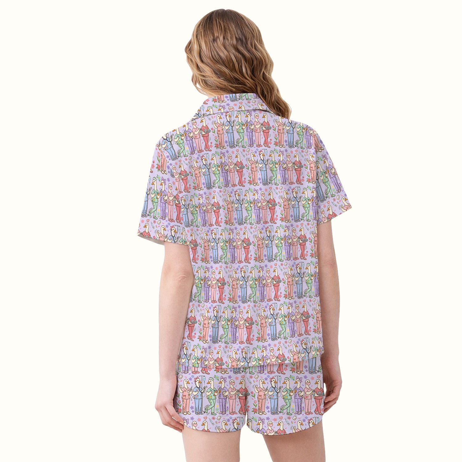 Goose Characters Floral Medical Team Uniform Pattern Pajama Set, Breathable Fabrics Uniform