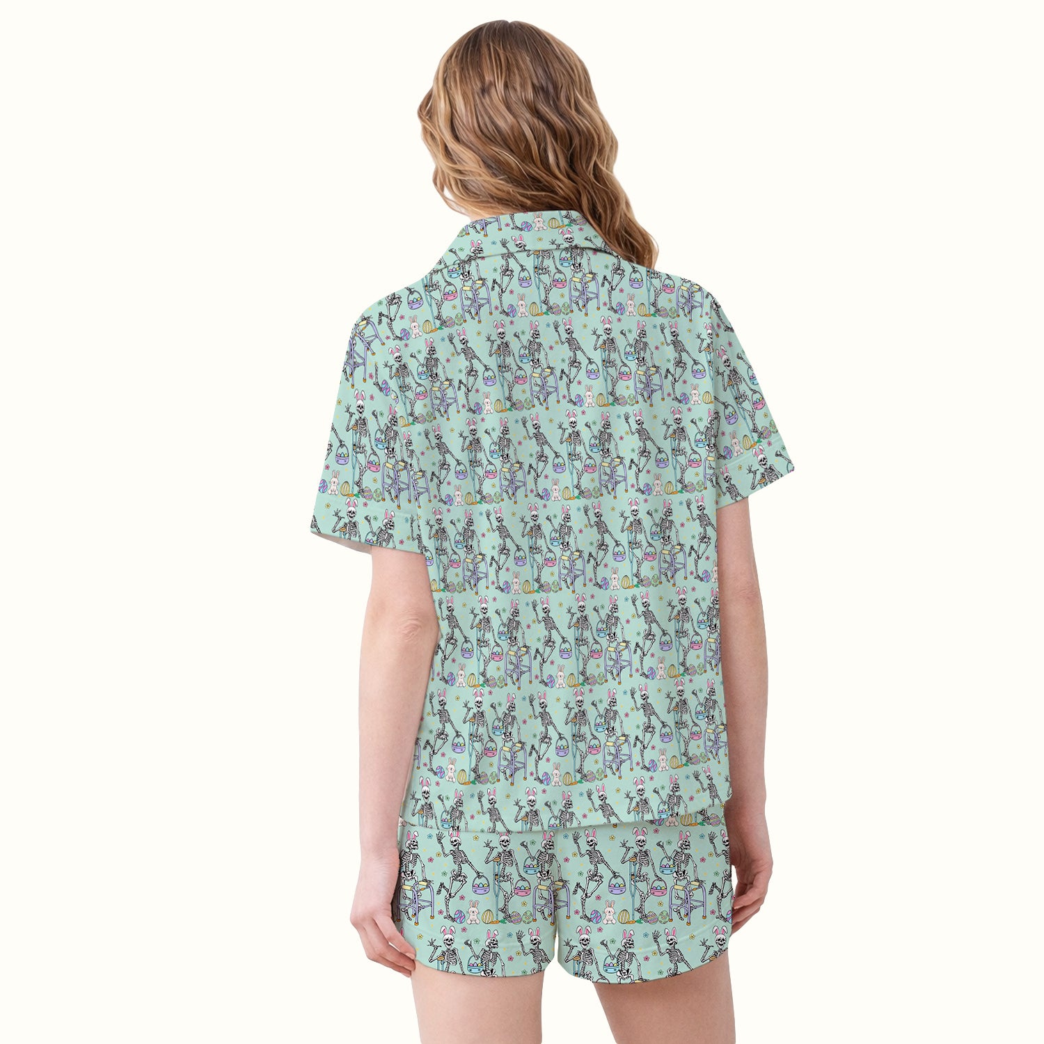 Fun Skeleton Bunny Easter Print Pajama Set, Breathable Fabrics Uniform