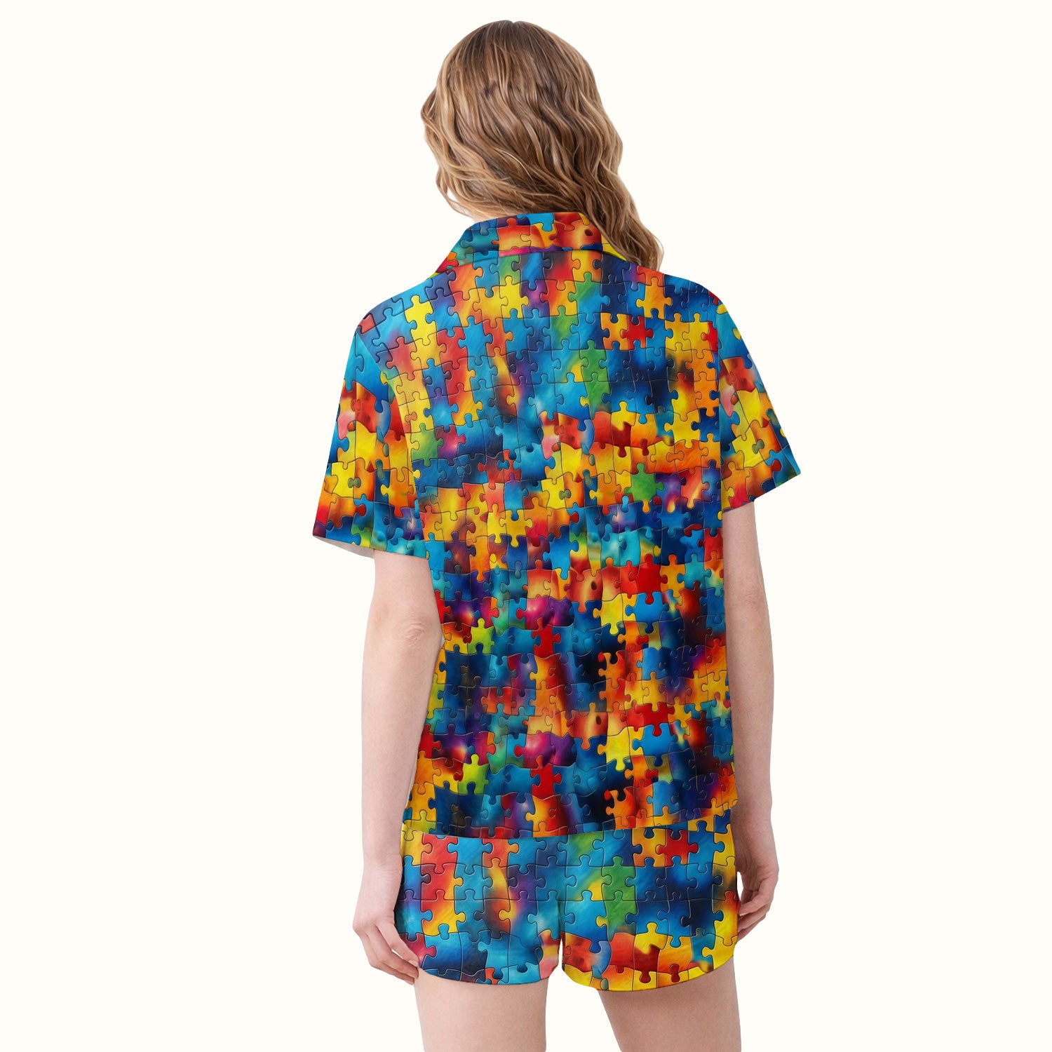 Bright Rainbow Puzzle Piece Art Pajama Set, Soft Breathable Fabric Comfortable Sleepwear
