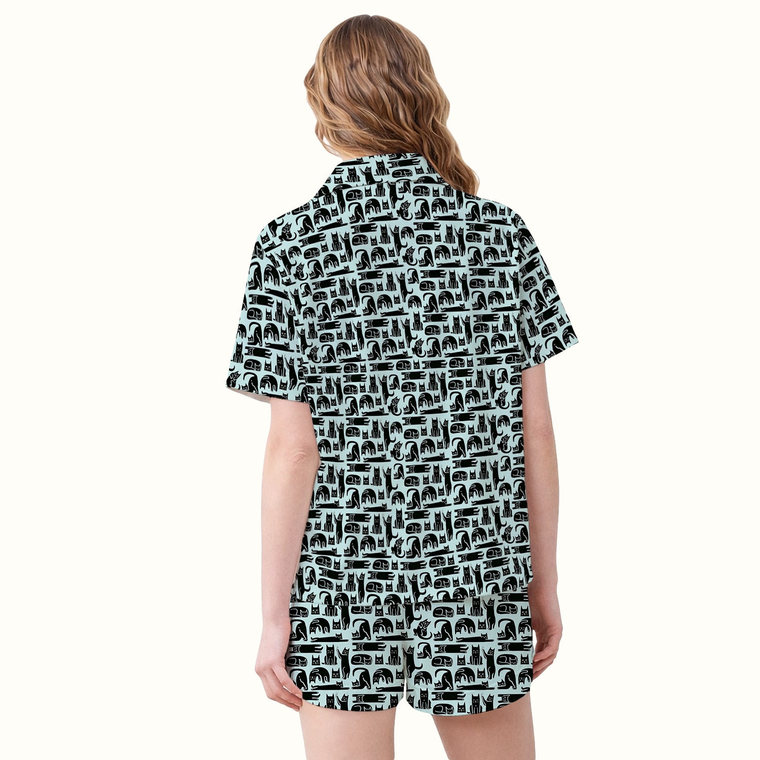 Cute Funny Cat Poses Print Pajama Set, Breathable Fabrics Uniform