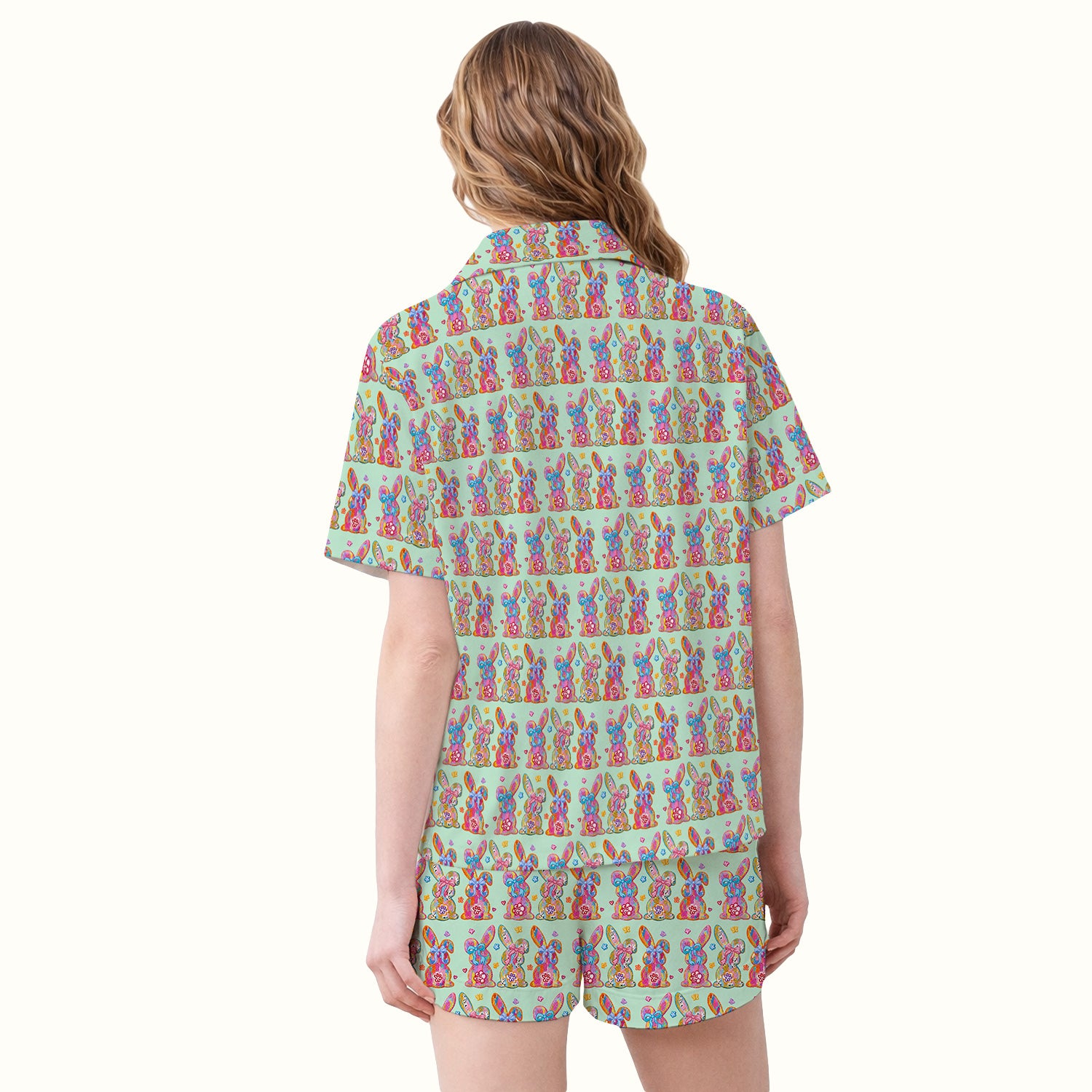 Cute Pastel Bunny Floral Pattern Pajama Set, Breathable Fabrics Uniform