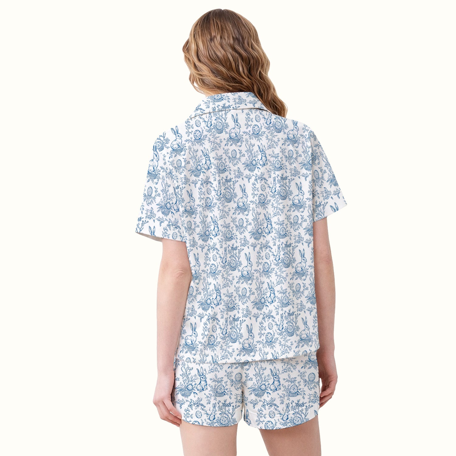 Easter Bunny Floral Egg Toile Pattern Pajama Set, Soft Breathable Fabric Comfortable Sleepwear