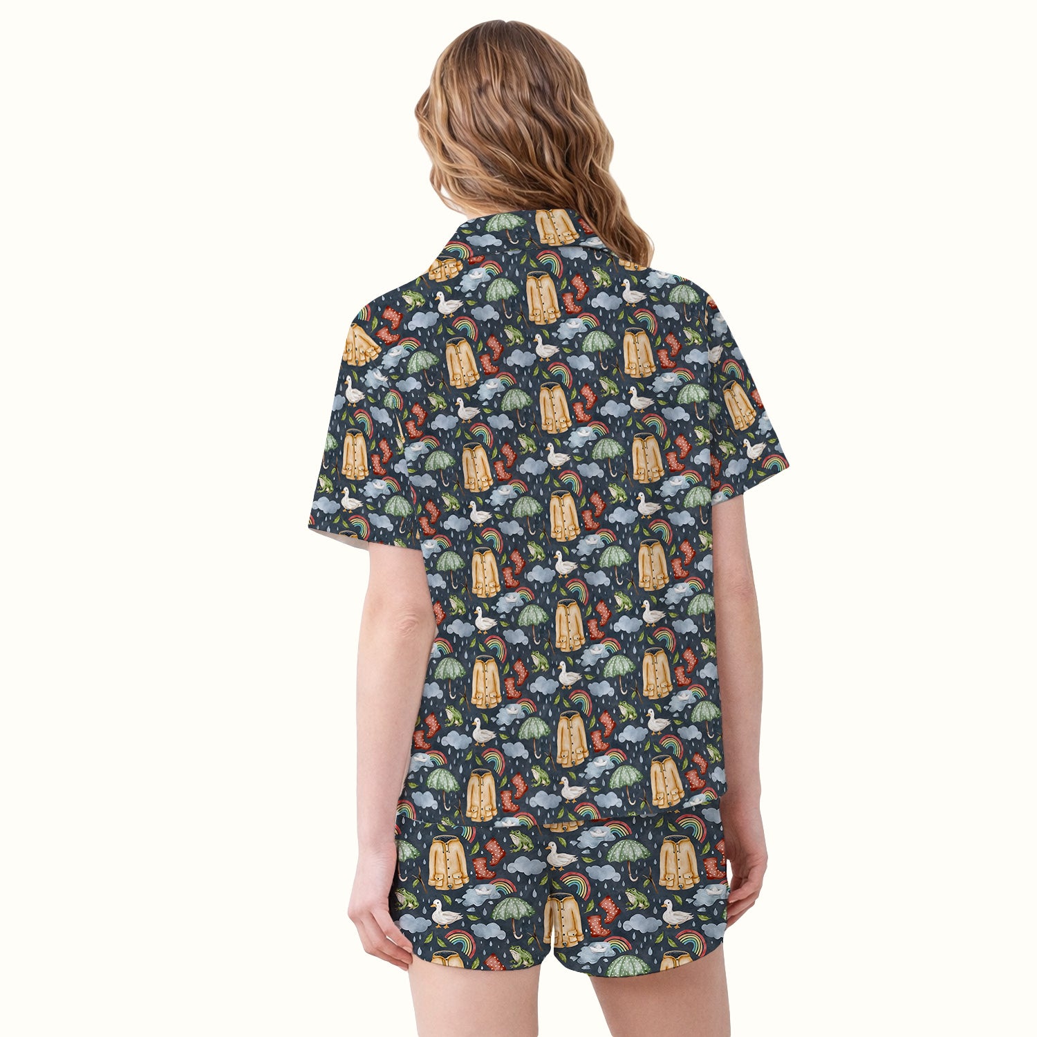 Cute Rainy Day Ducks & Frog Rainbow Pattern Pajama Set, Soft Breathable Fabric Comfortable Sleepwear