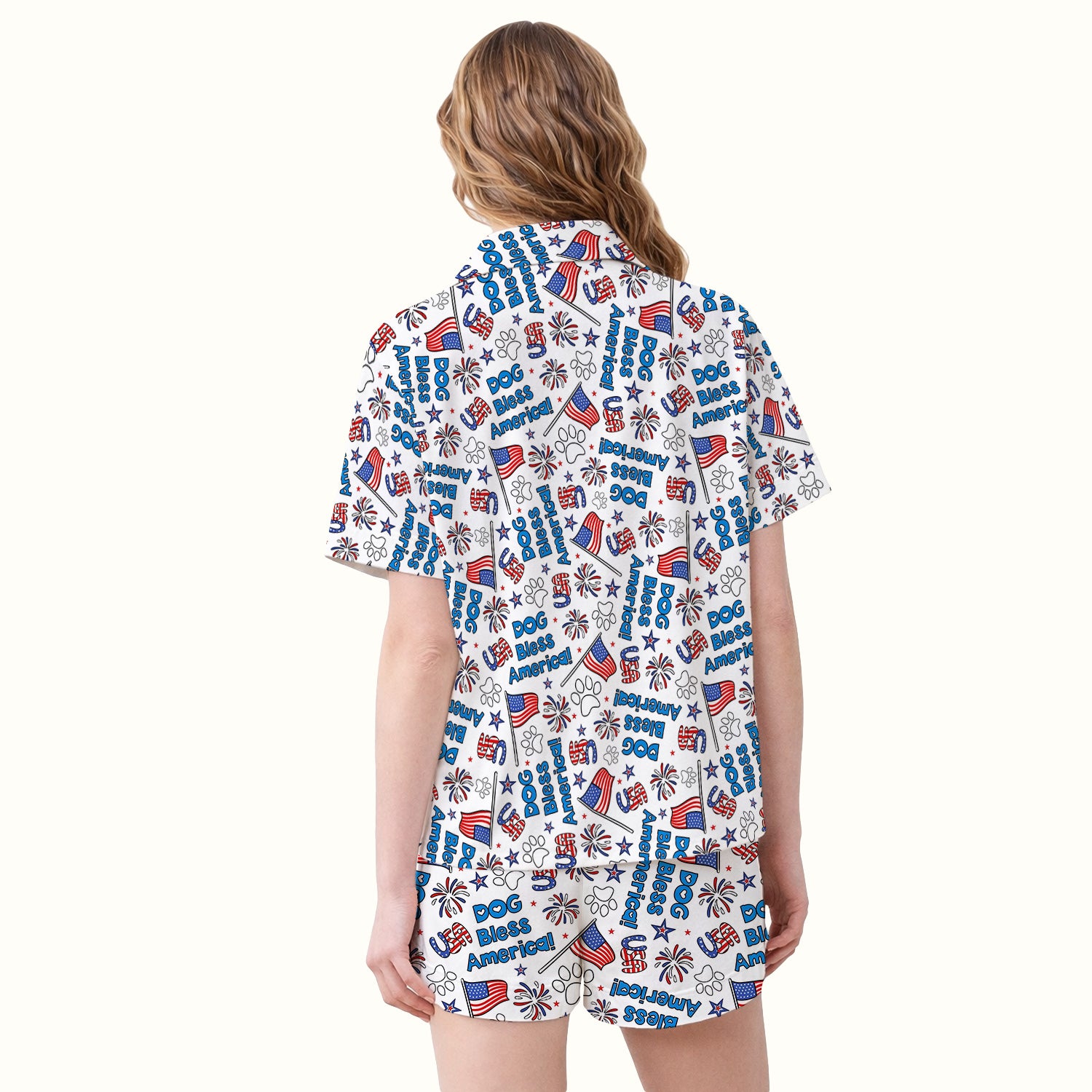 Funny Patriotic Dog Bless America Flag Pattern Pajama Set, Soft Breathable Fabric Comfortable Sleepwear