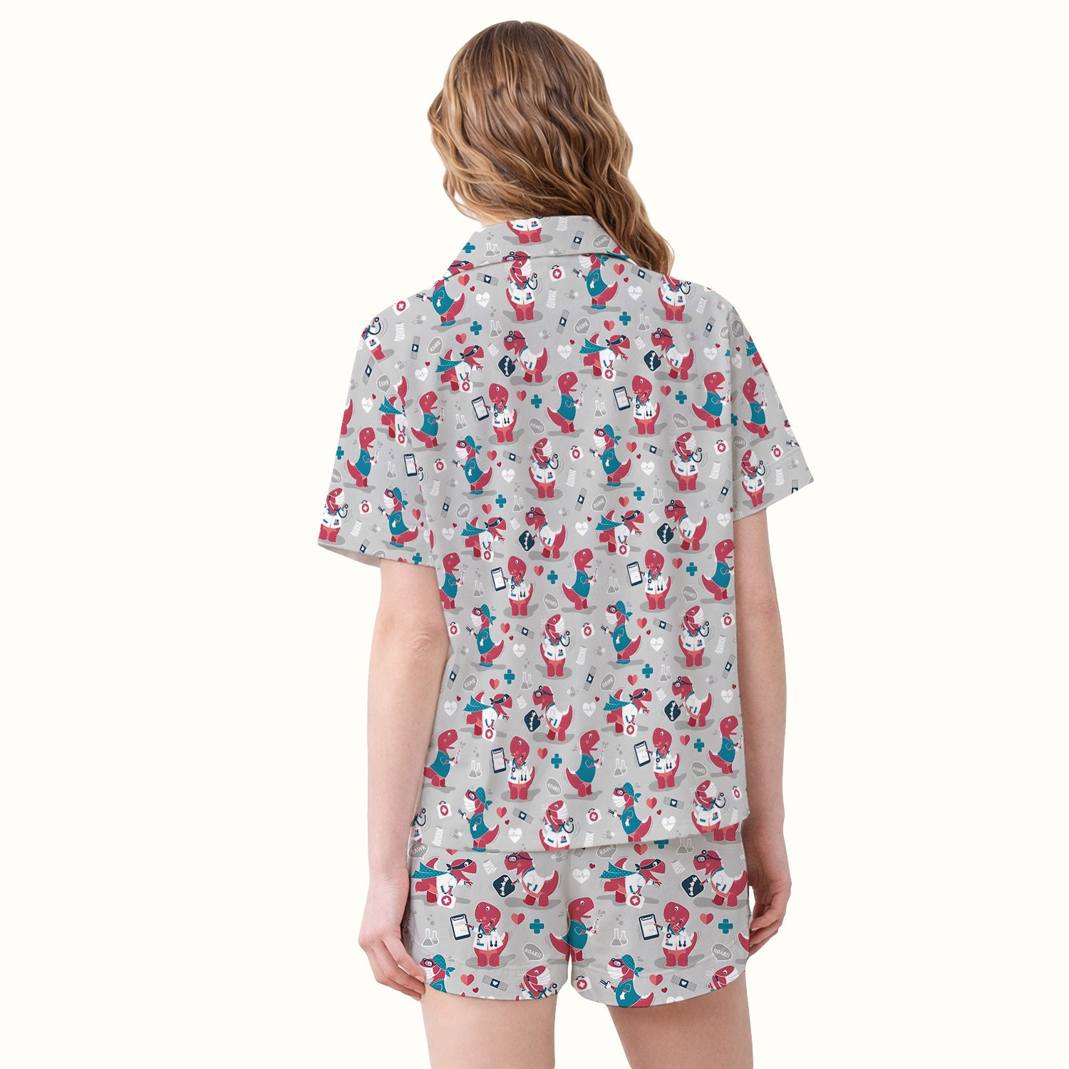 Cute Dinosaur Doctor Medical Pattern Pajama Set, Breathable Fabrics Uniform