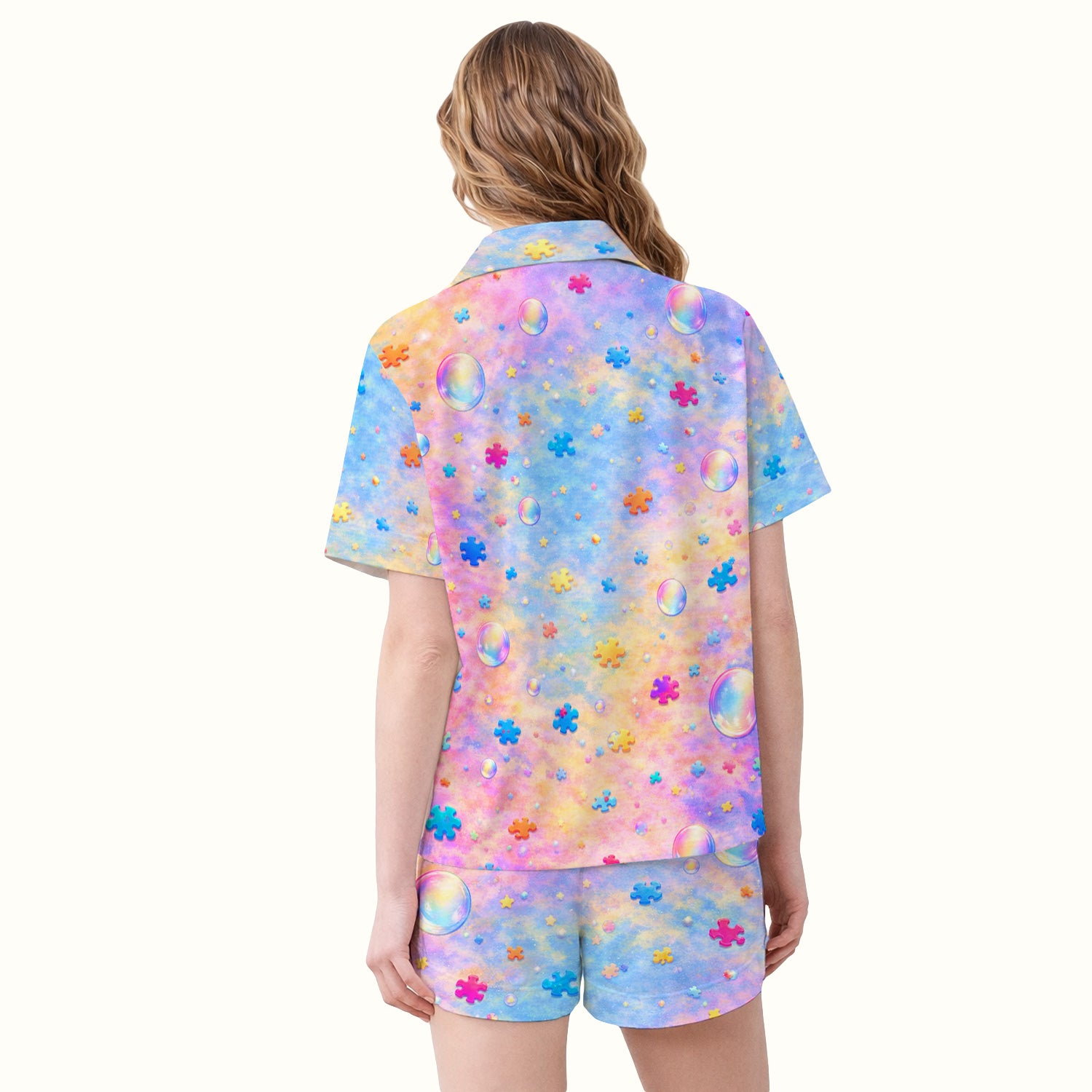 Autism Puzzle Sea Turtle Pastel Rainbow Print Pajama Set, Soft Breathable Fabric Comfortable Sleepwear