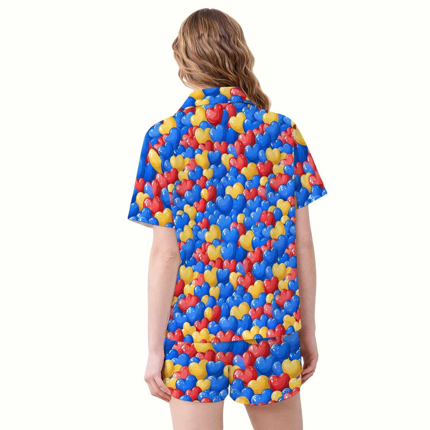 Colorful Autism Heart Pattern Pajama Set, Soft Breathable Fabric Comfortable Sleepwear