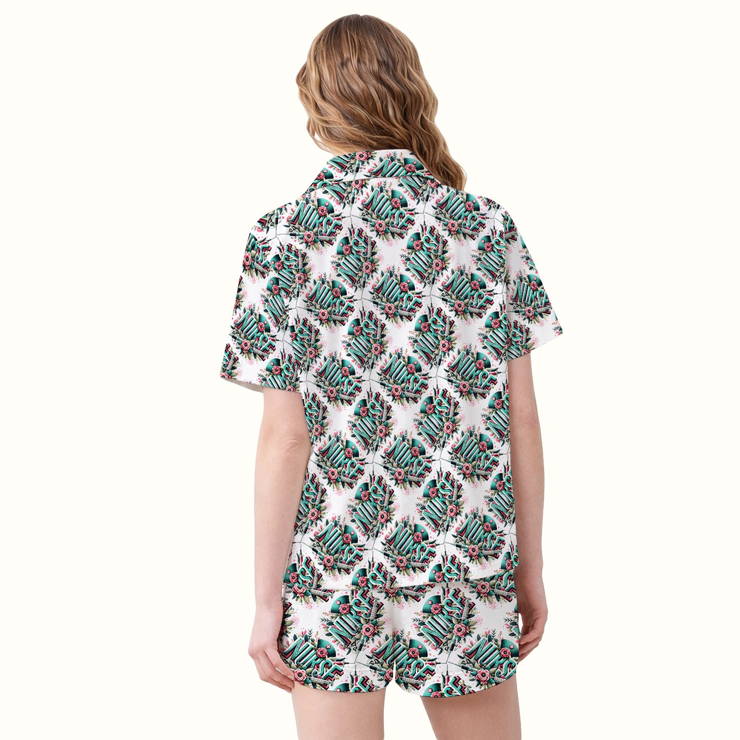 Cute Nurse Typography Floral Medical Pattern Pajama Set, Soft Breathable Fabric Comfortable Sleepwear