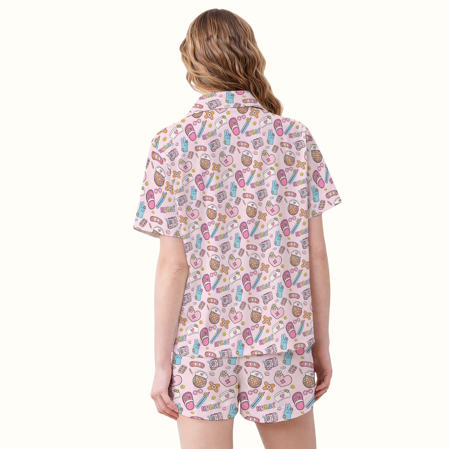 Cute Nurse Pink Medical Tools Pattern Pajama Set, Soft Breathable Fabric Comfortable Sleepwear