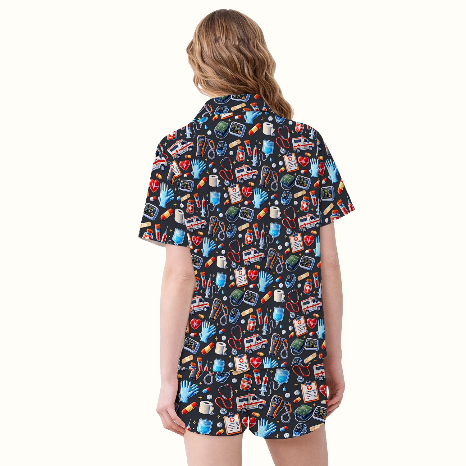 Medical Tools Pattern Ambulance Stethoscope Pajama Set, Breathable Fabrics Uniform