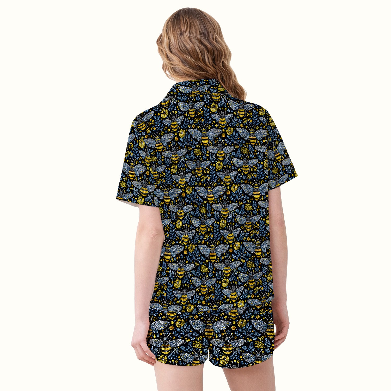 Honey Bee And Wildflower Garden Pattern Pajama Set, Breathable Fabrics Uniform
