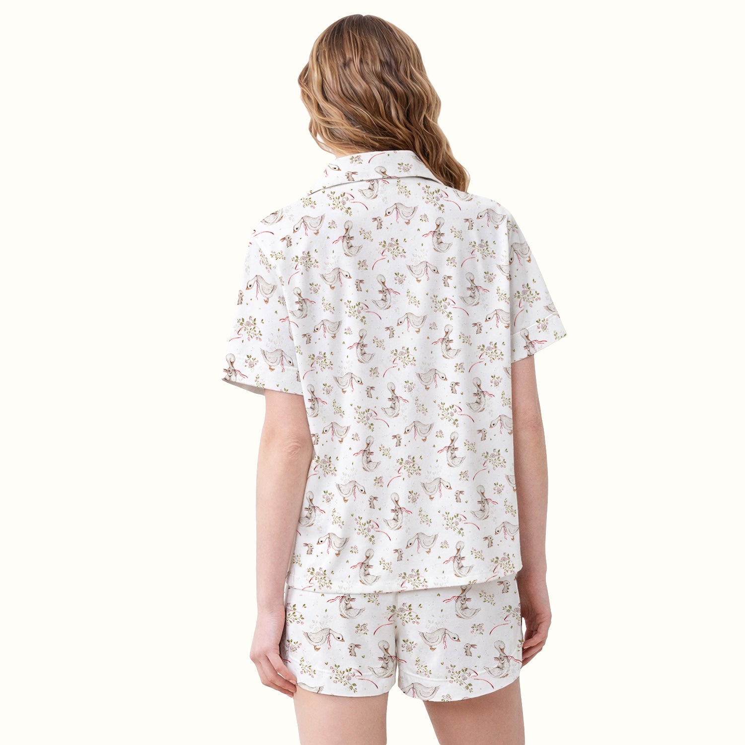 Cute Duck Bunny Floral Print Pajama Set, Soft Breathable Fabric Comfortable Sleepwear
