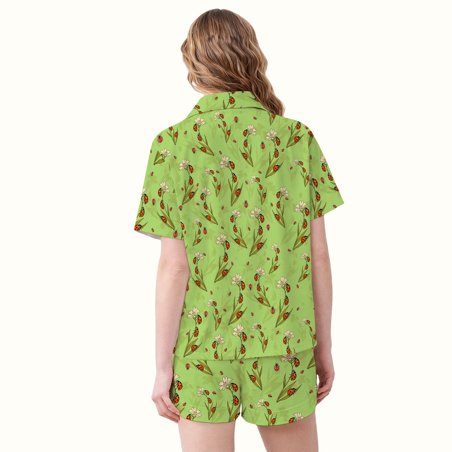 Fresh Daisy Ladybug Garden Pattern Pajama Set, Breathable Fabrics Uniform
