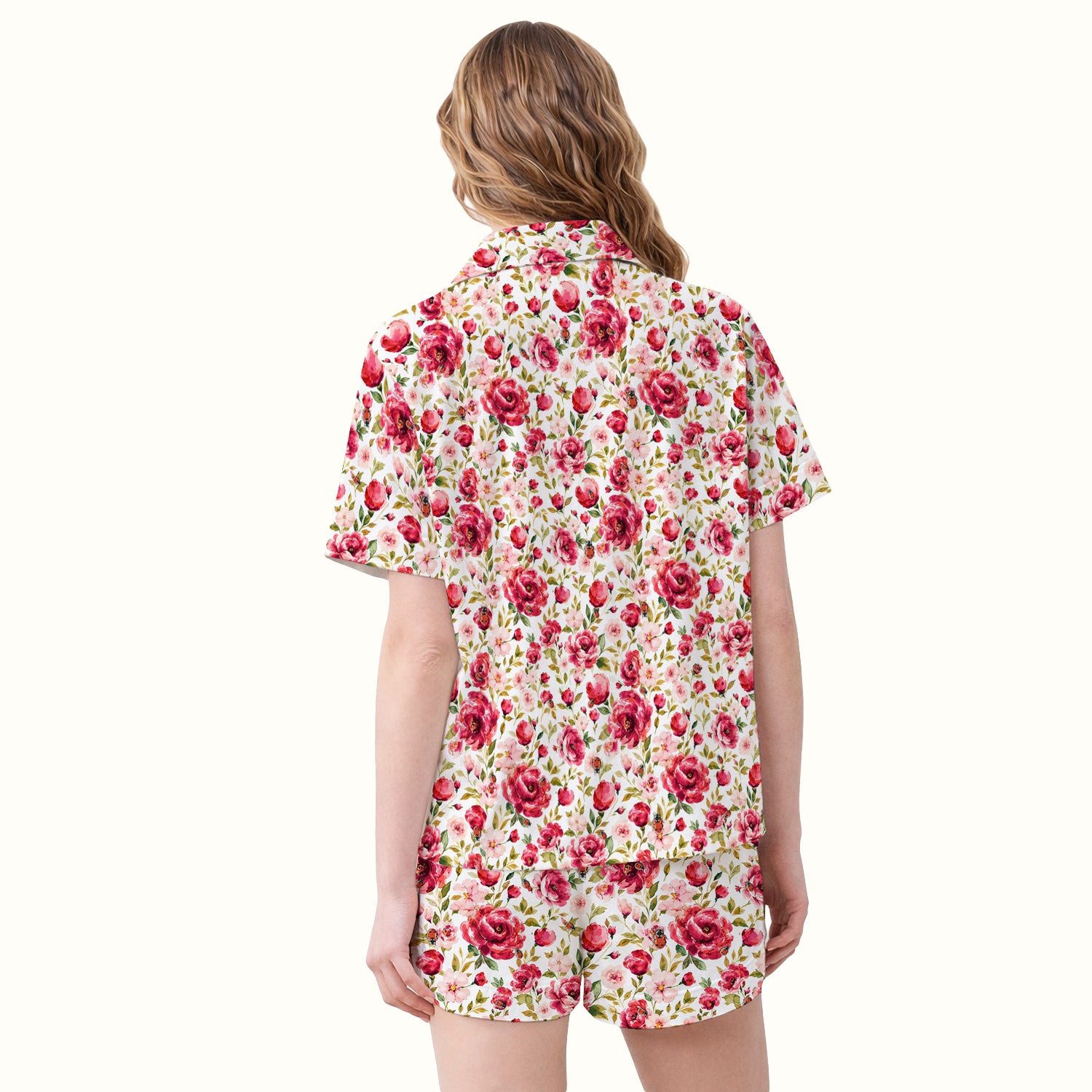 Pink Rose Ladybug Garden Pattern Pajama Set, Soft Breathable Fabric Comfortable Sleepwear