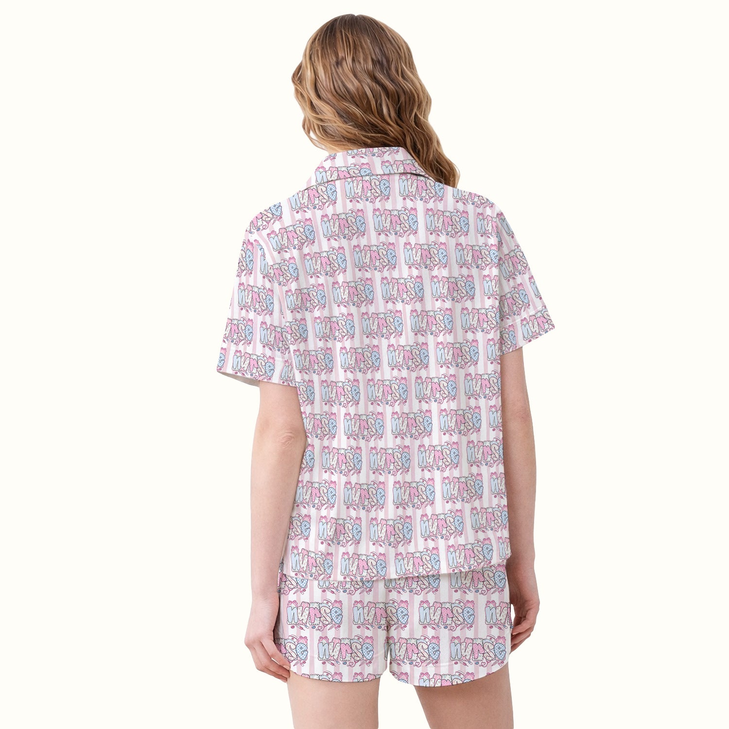 Cute Pastel Nurse Pattern Pajama Set, Breathable Fabrics Uniform