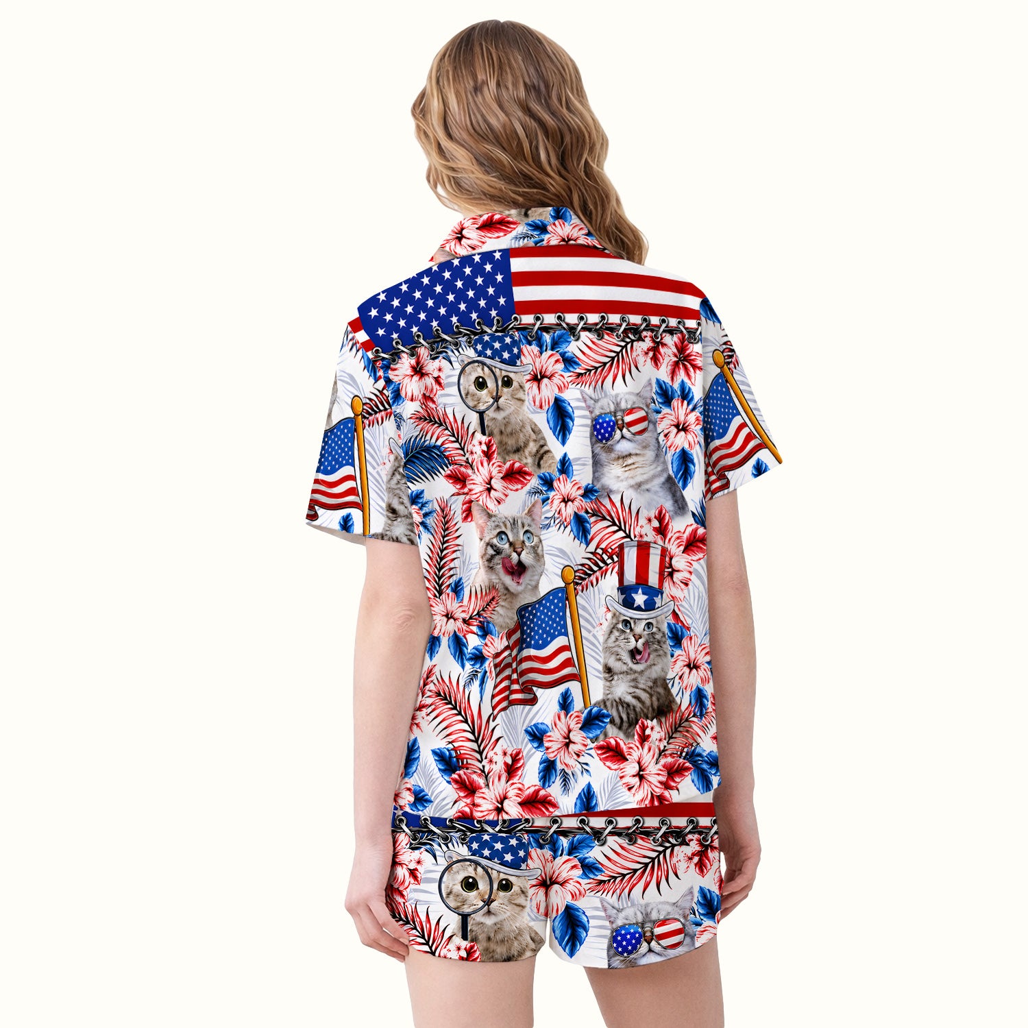 Patriotic Cat with USA Flag Pajama Set, Soft Breathable Fabric Comfortable Sleepwear