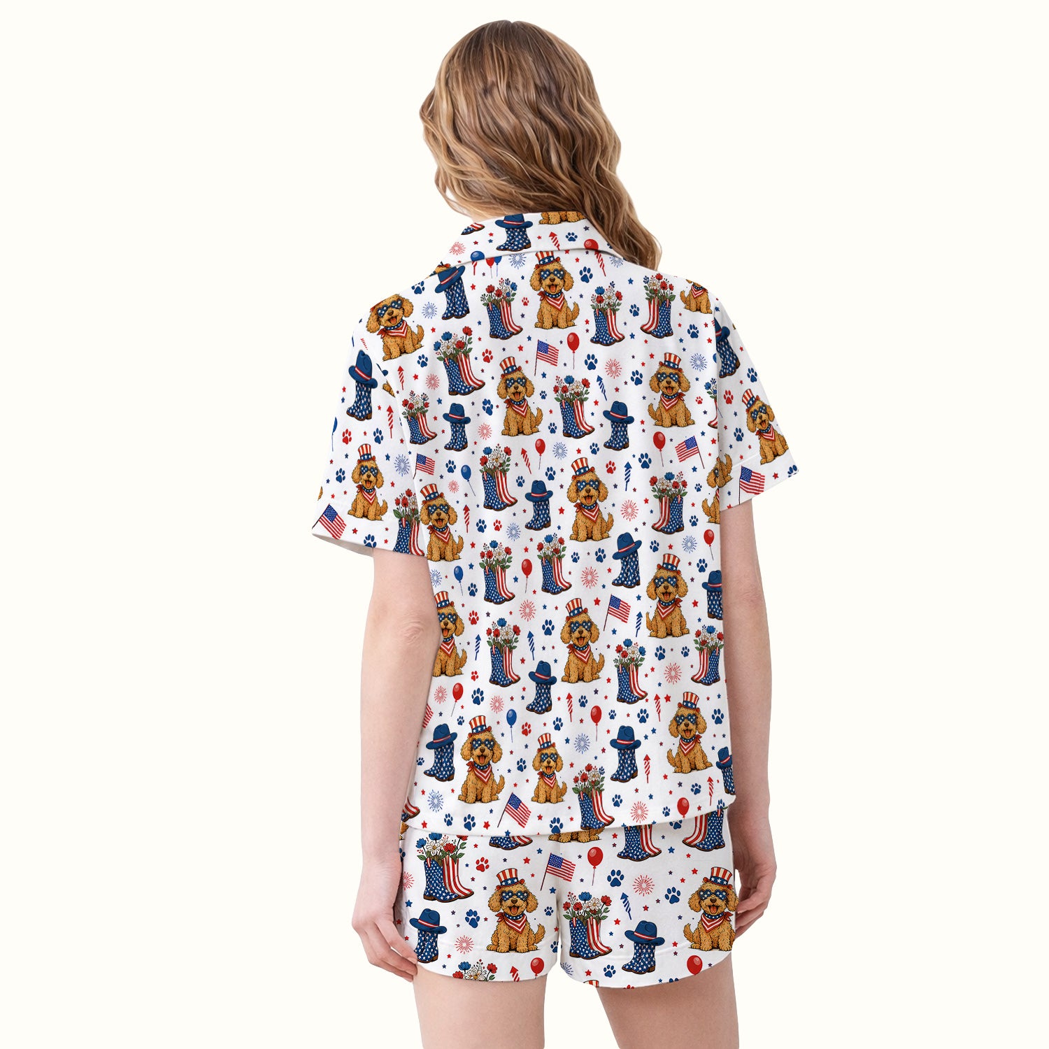 Patriotic Puppy Cowboy Boots Pattern Pajama Set, Soft Breathable Fabric Comfortable Sleepwear