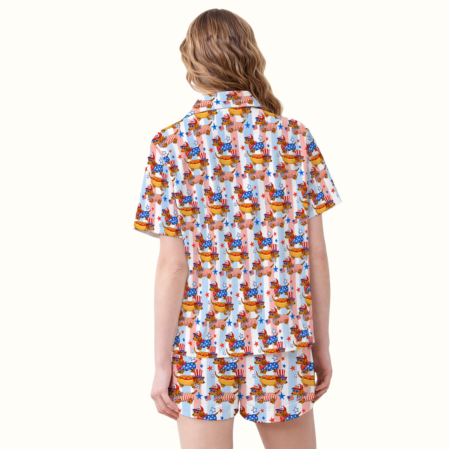 Fourth Of July Dachshund Pattern Pajama Set, Soft Breathable Fabric Comfortable Sleepwear