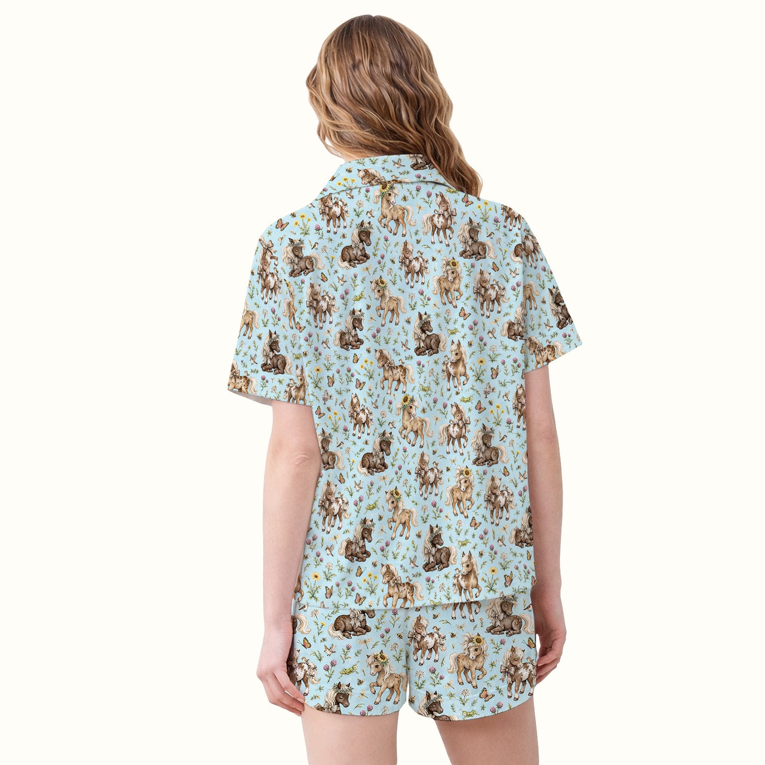 Cute Pony Garden with Butterfly Floral Meadow Print Pajama Set, Soft Breathable Fabric Comfortable Sleepwear