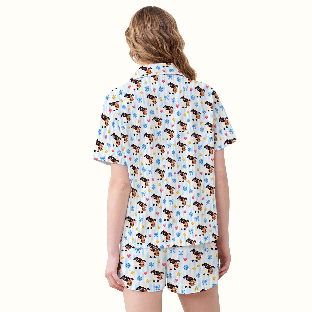 Cute Winter Lambs Holding Teddy Bears Pajama Set, Soft Breathable Fabric Comfortable Sleepwear