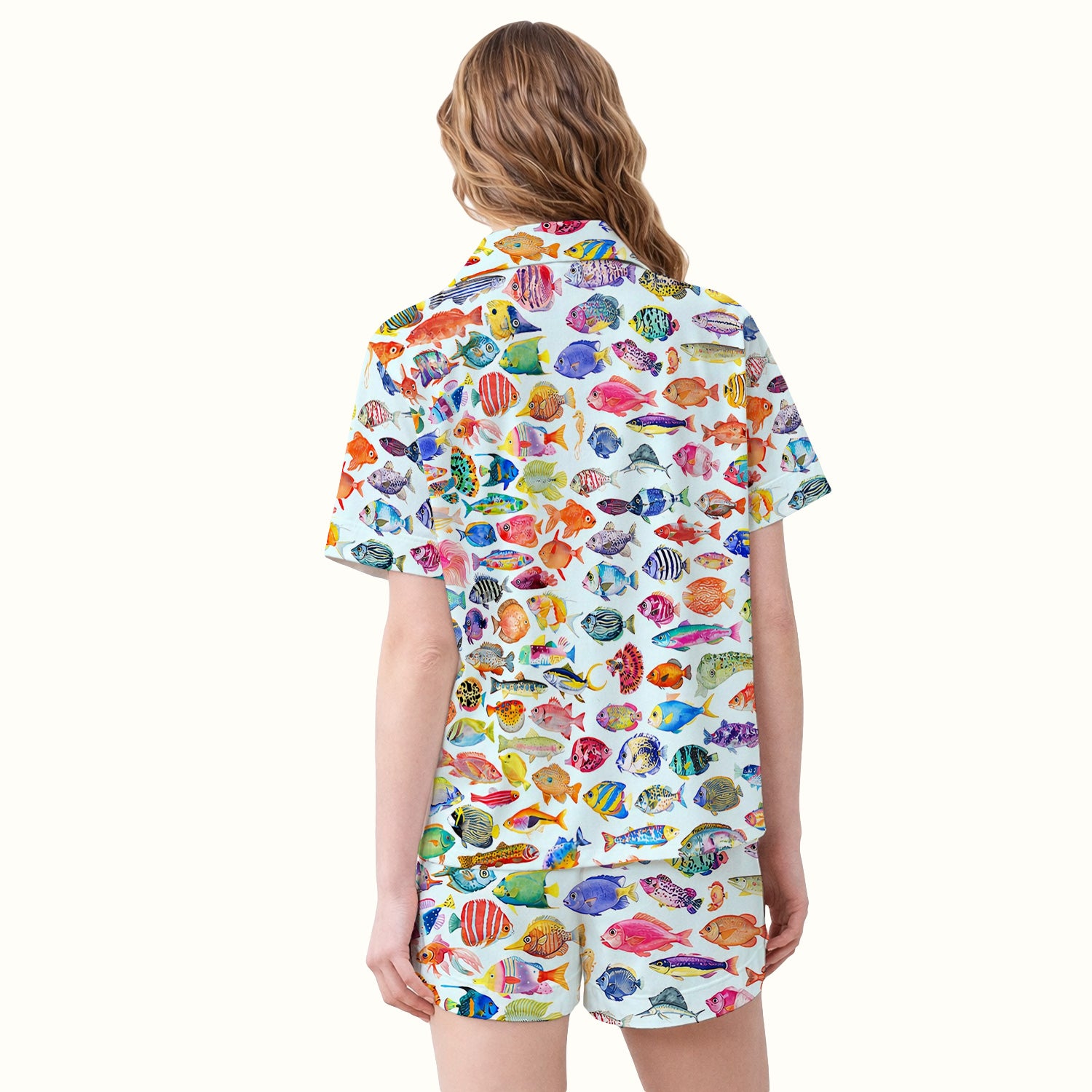 Colorful Tropical Fish Print Pajama Set, Soft Breathable Fabric Comfortable Sleepwear