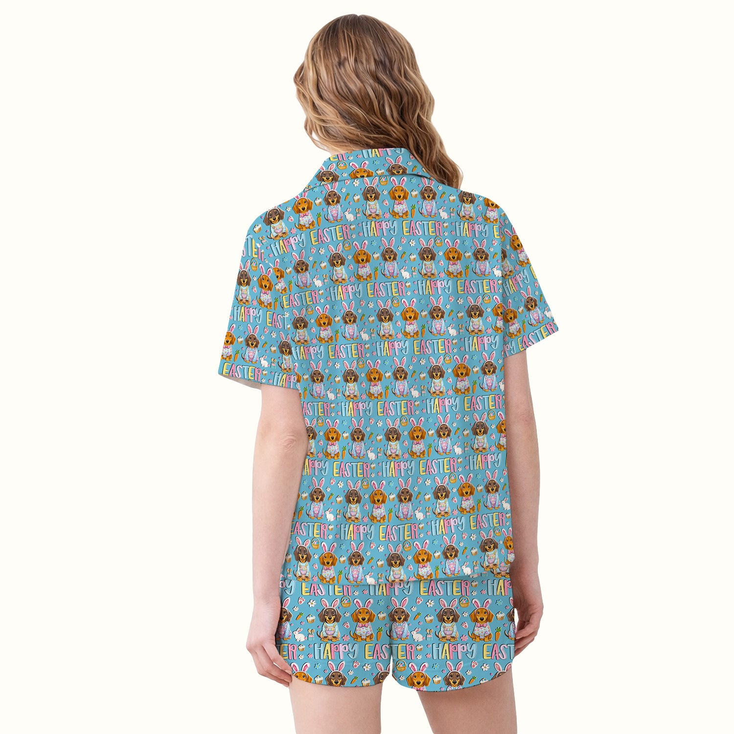 Happy Easter Dachshund Bunny Print Pajama Set, Breathable Fabrics Uniform