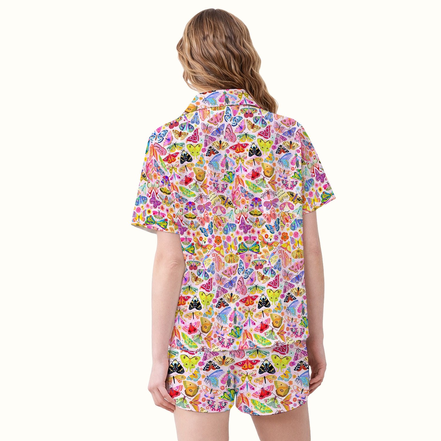 Cute Bright Butterfly Moth Floral Pajama Set, Soft Breathable Fabric Comfortable Sleepwear