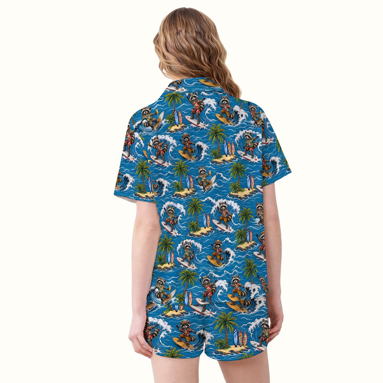 Tropical Surfing Raccoon Island Pattern Pajama Set, Soft Breathable Fabric Comfortable Sleepwear