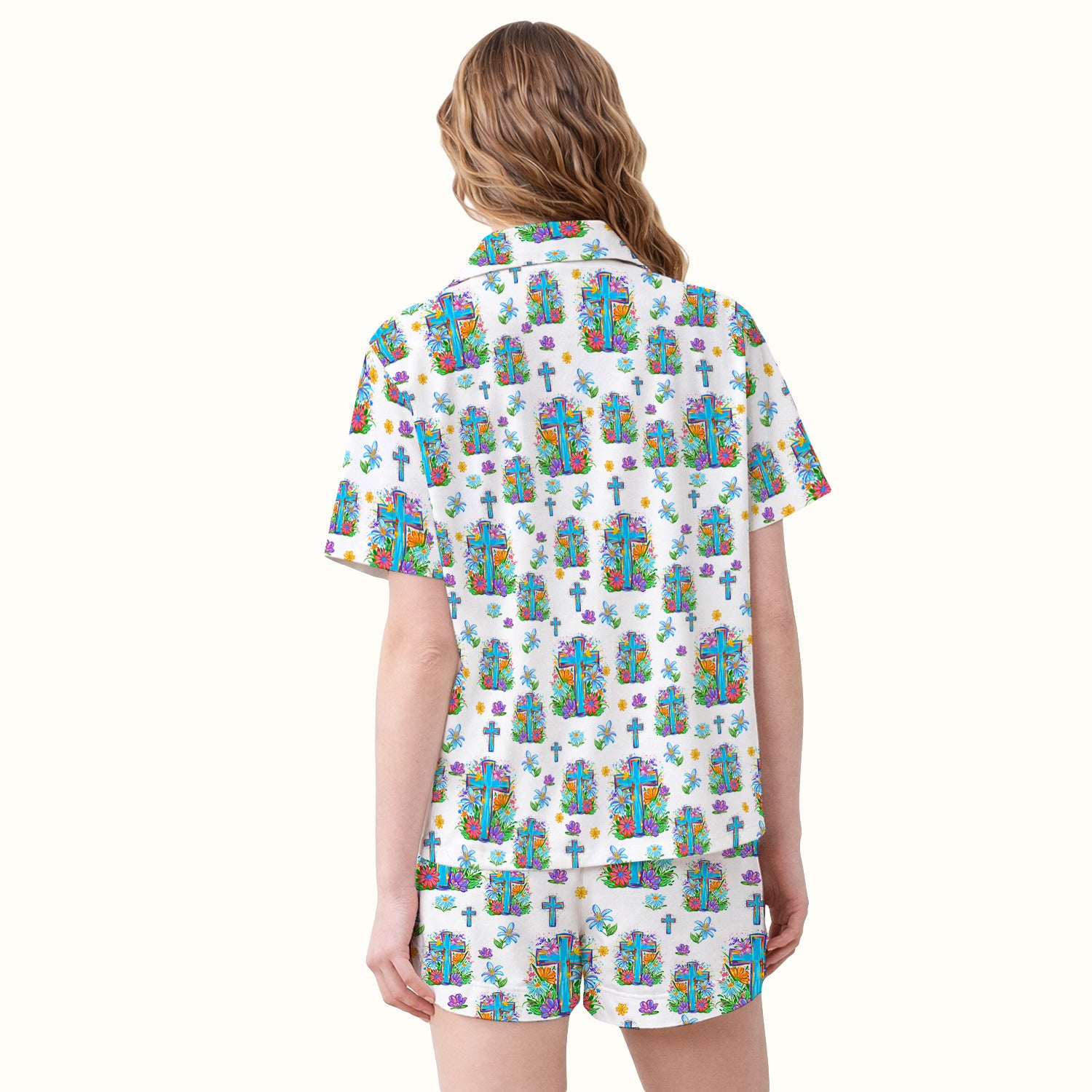 Christian Floral Cross Spring Pattern Pajama Set, Breathable Fabrics Uniform