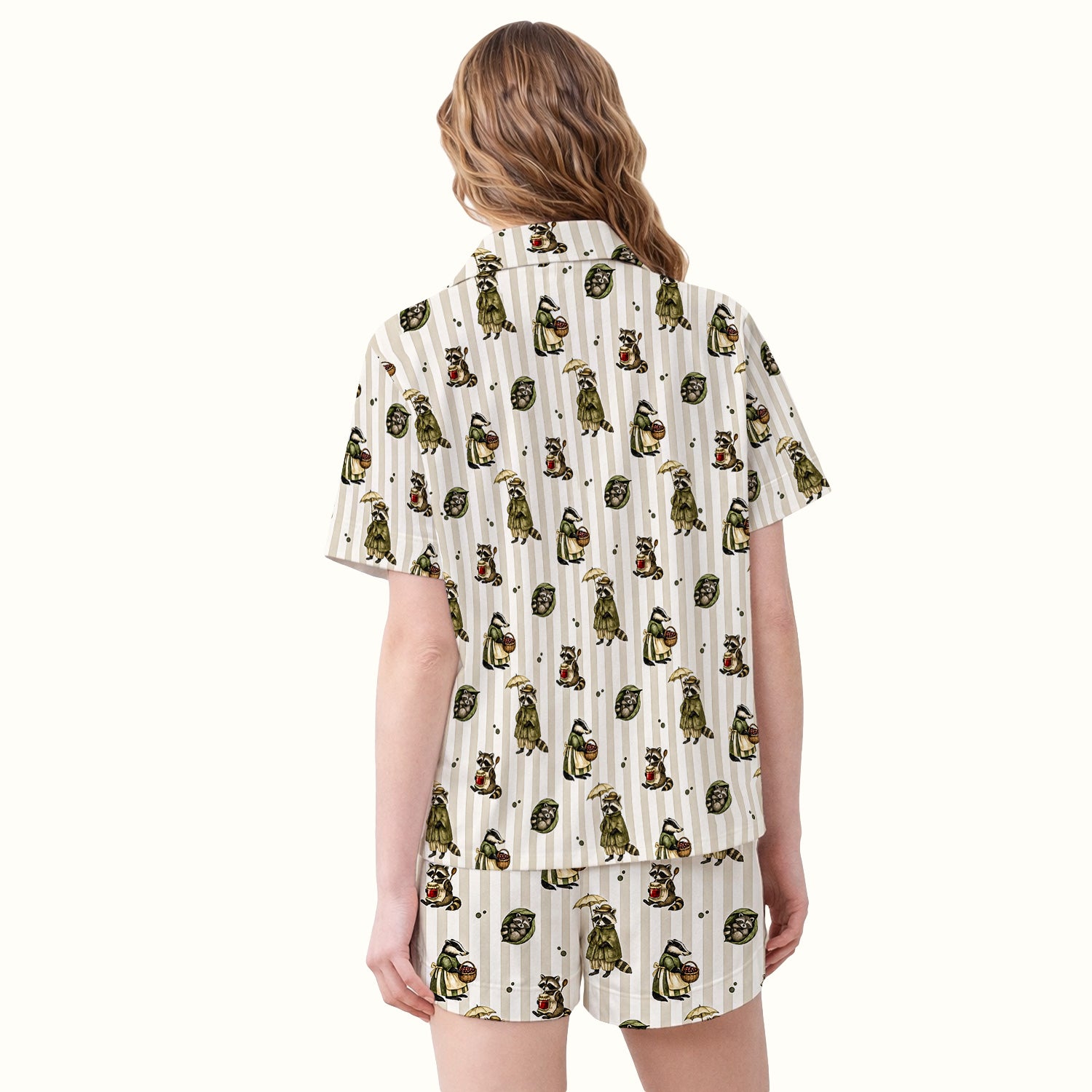 Cute Woodland Raccoon Print Pajama Set, Soft Breathable Fabric Comfortable Sleepwear