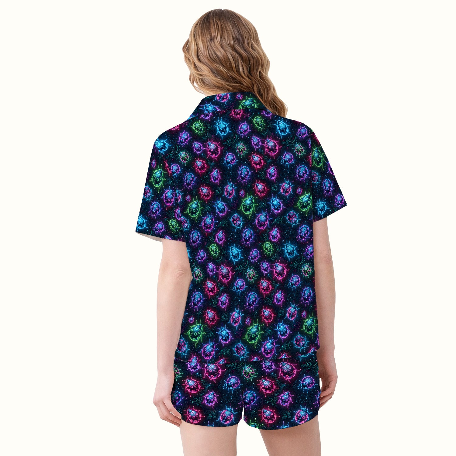 Colorful Neon Ladybug Pattern Pajama Set, Soft Breathable Fabric Comfortable Sleepwear