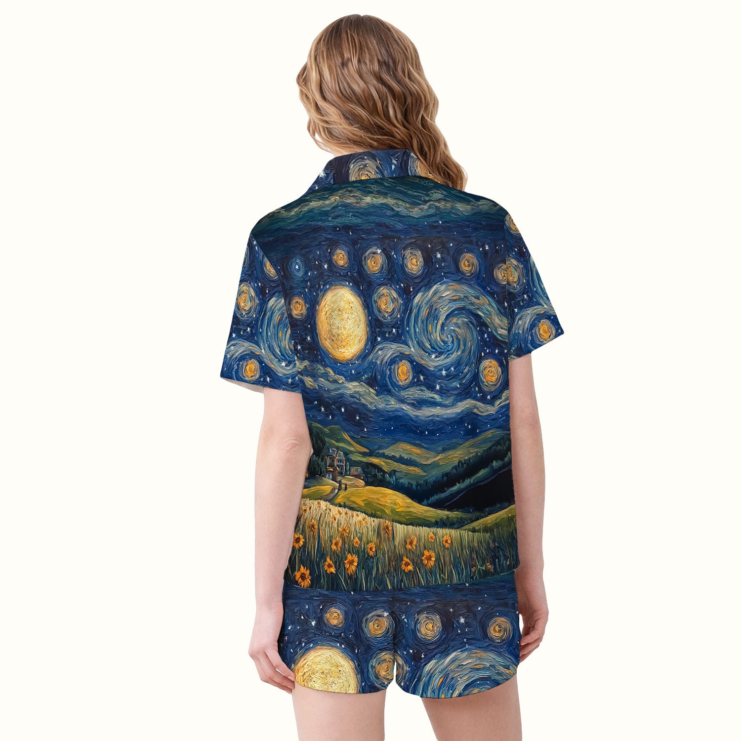 Artistic Highland Cow Starry Night Scene Pattern Pajama Set, Soft Breathable Fabric Comfortable Sleepwear