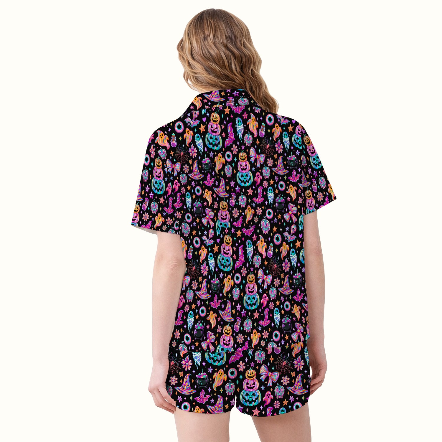 Halloween Ghost with Pumpkin Bat Print Pajama Set, Soft Breathable Fabric Comfortable Sleepwear