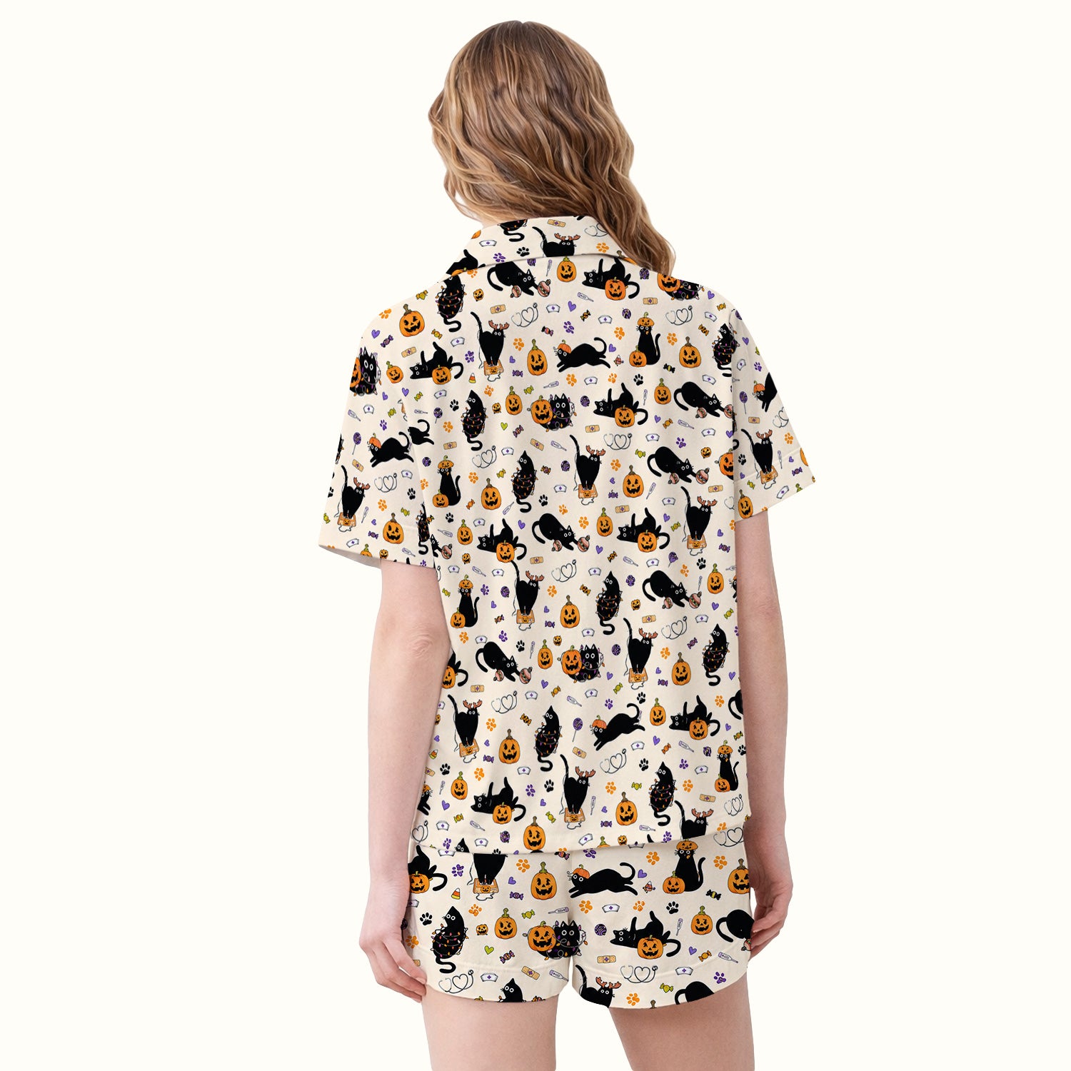 Pumpkin Black Cat Pattern Pajama Set, Soft Breathable Fabric Comfortable Sleepwear