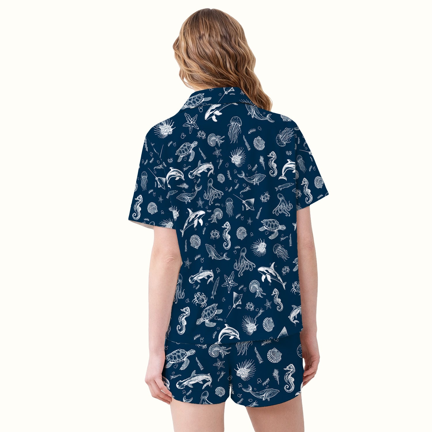 Marine Sea Life Pattern Pajama Set, Breathable Fabrics Uniform