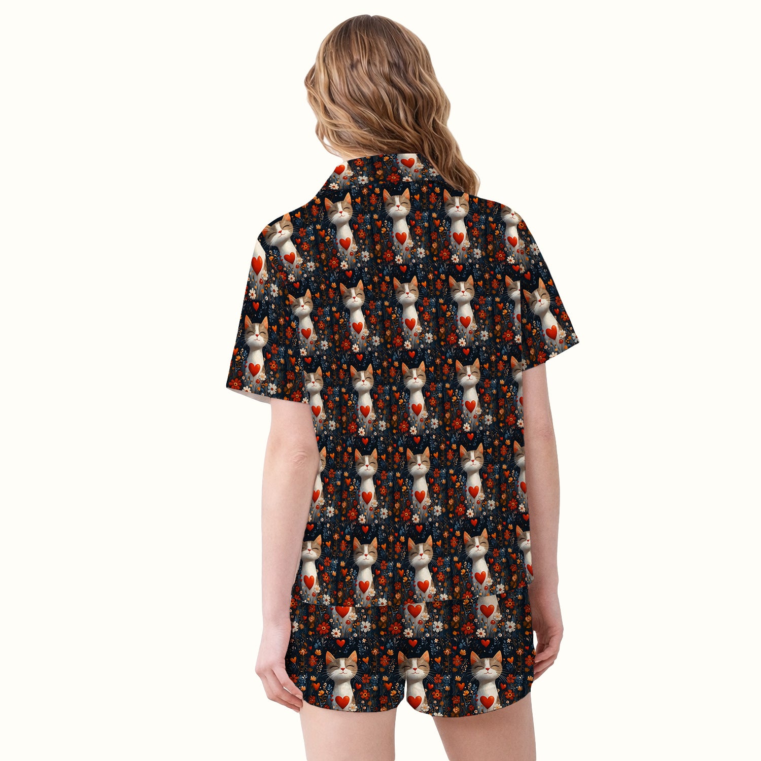 Cat Heart Floral Garden Pattern Pajama Set, Breathable Fabrics Uniform