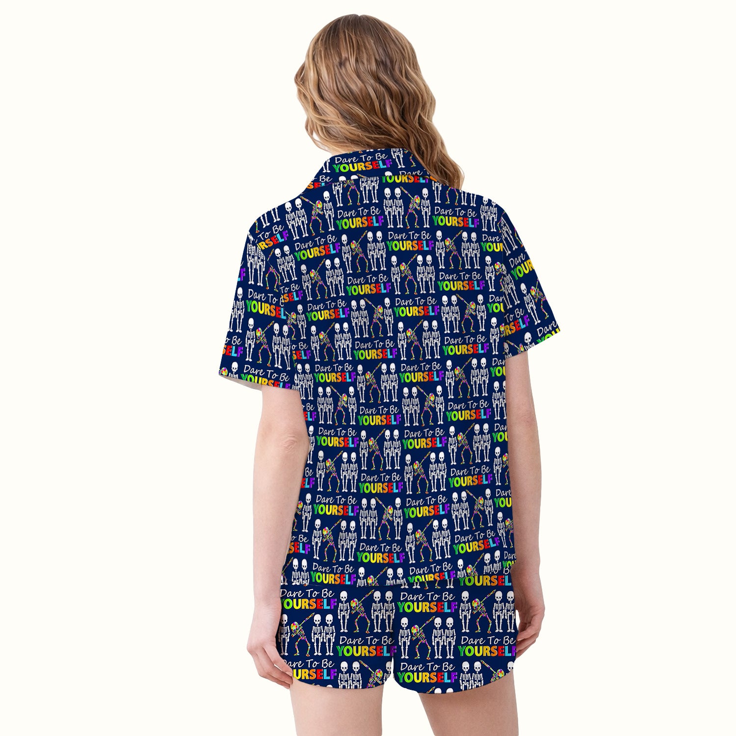 Rainbow Skeleton Dare To Be Yourself Pattern Pajama Set, Breathable Fabrics Uniform
