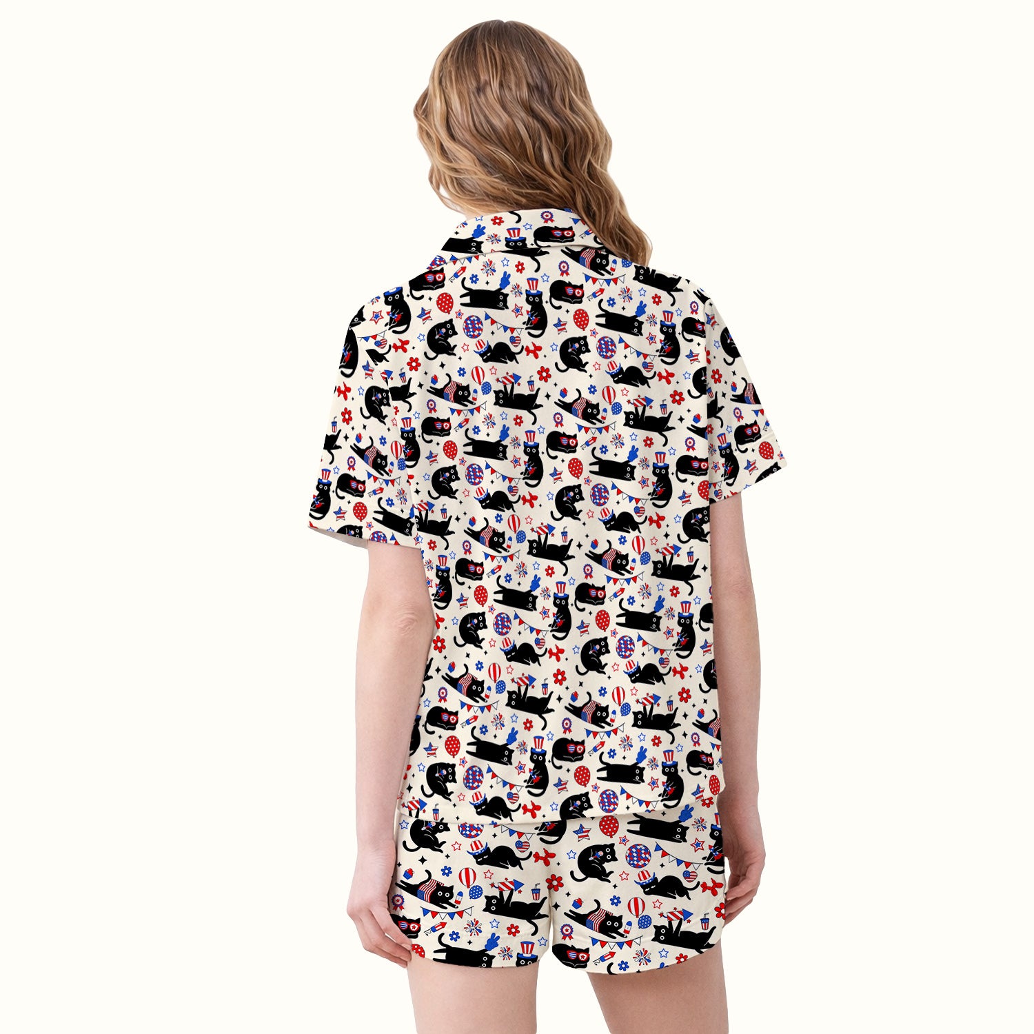 Patriotic Black Cat Pattern Pajama Set, Soft Breathable Fabric Comfortable Sleepwear