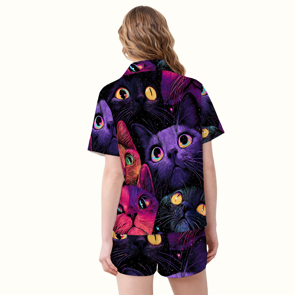 Colorful Neon Cat Faces Pajama Set, Soft Breathable Fabric Comfortable Sleepwear