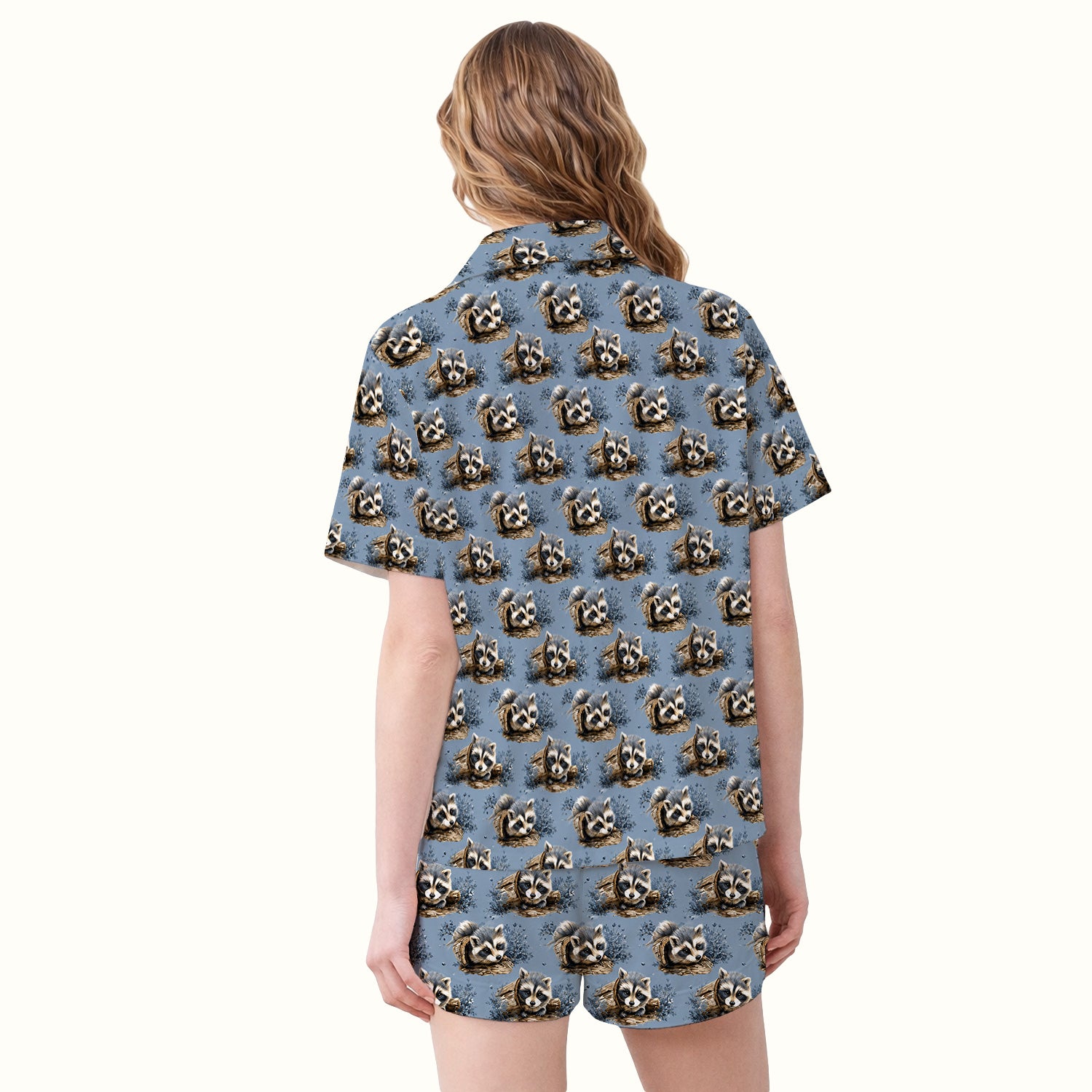 Cute Raccoon In Log Pattern Pajama Set, Soft Breathable Fabric Comfortable Sleepwear